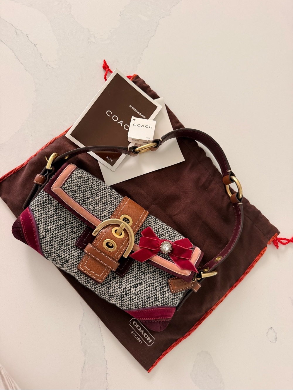 Coach Multicolor Tweed Shoulder Bag with Burgundy Bow